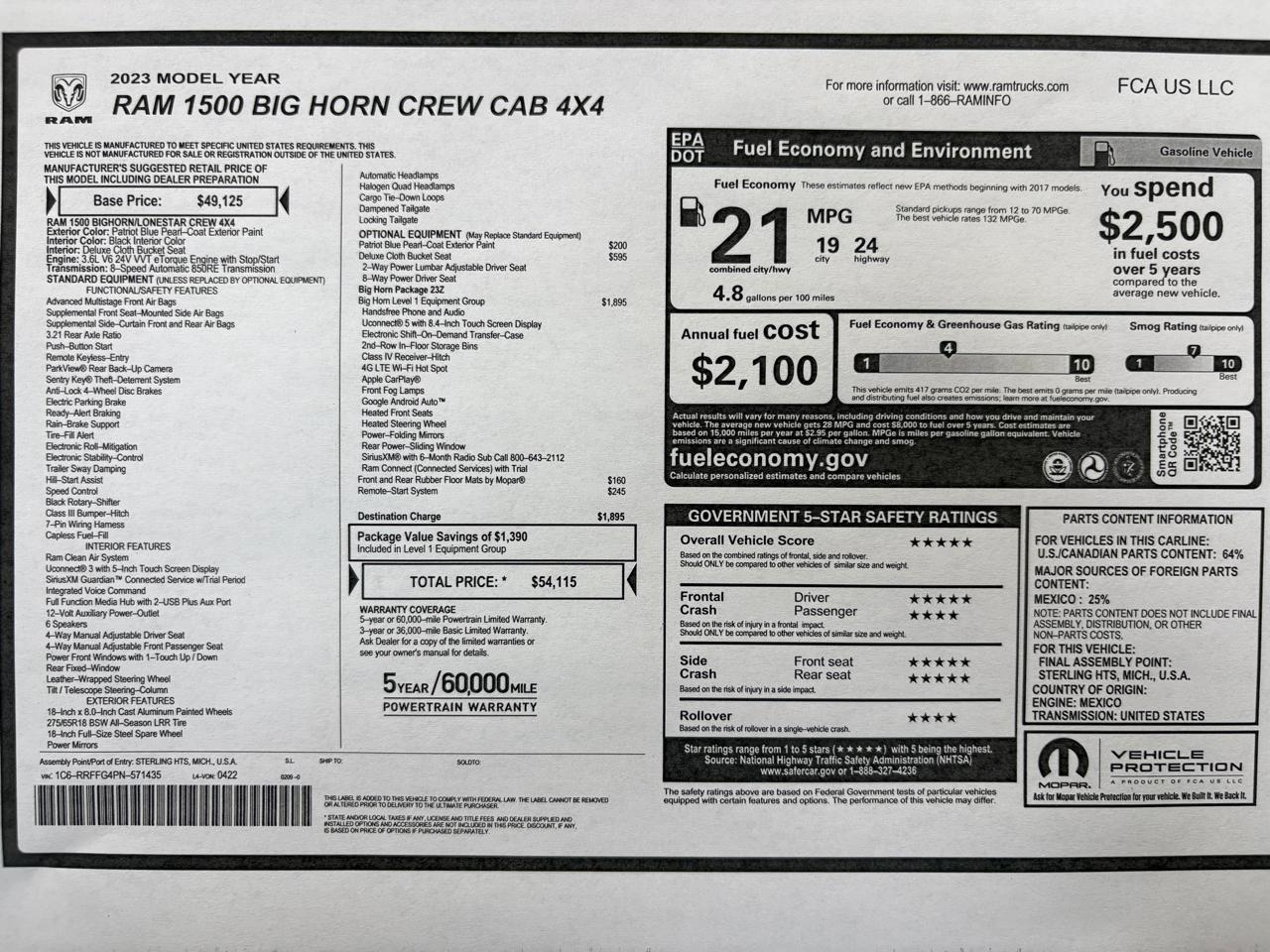 RAM 1500 Big Horn 4x4 Crew Cab 5'7" Box 2023