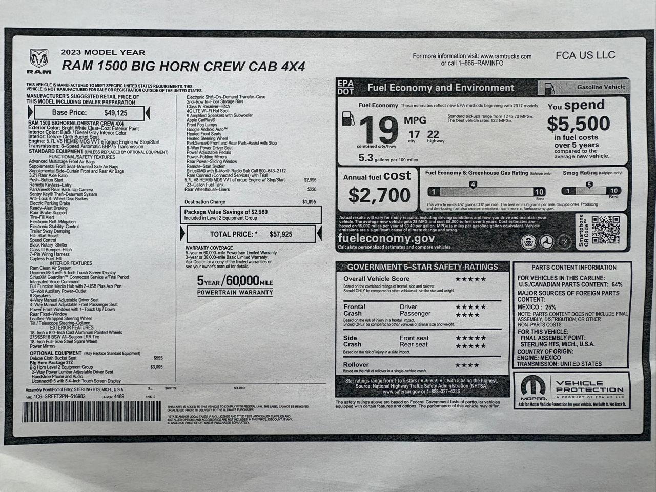 RAM 1500 Big Horn 4x4 Crew Cab 5'7" Box 2023