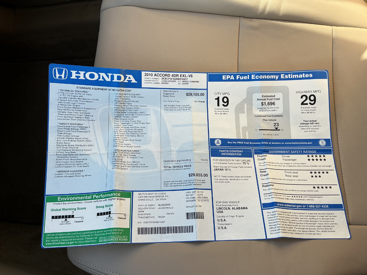 Honda Accord Sdn 4dr V6 Auto EX-L 2010