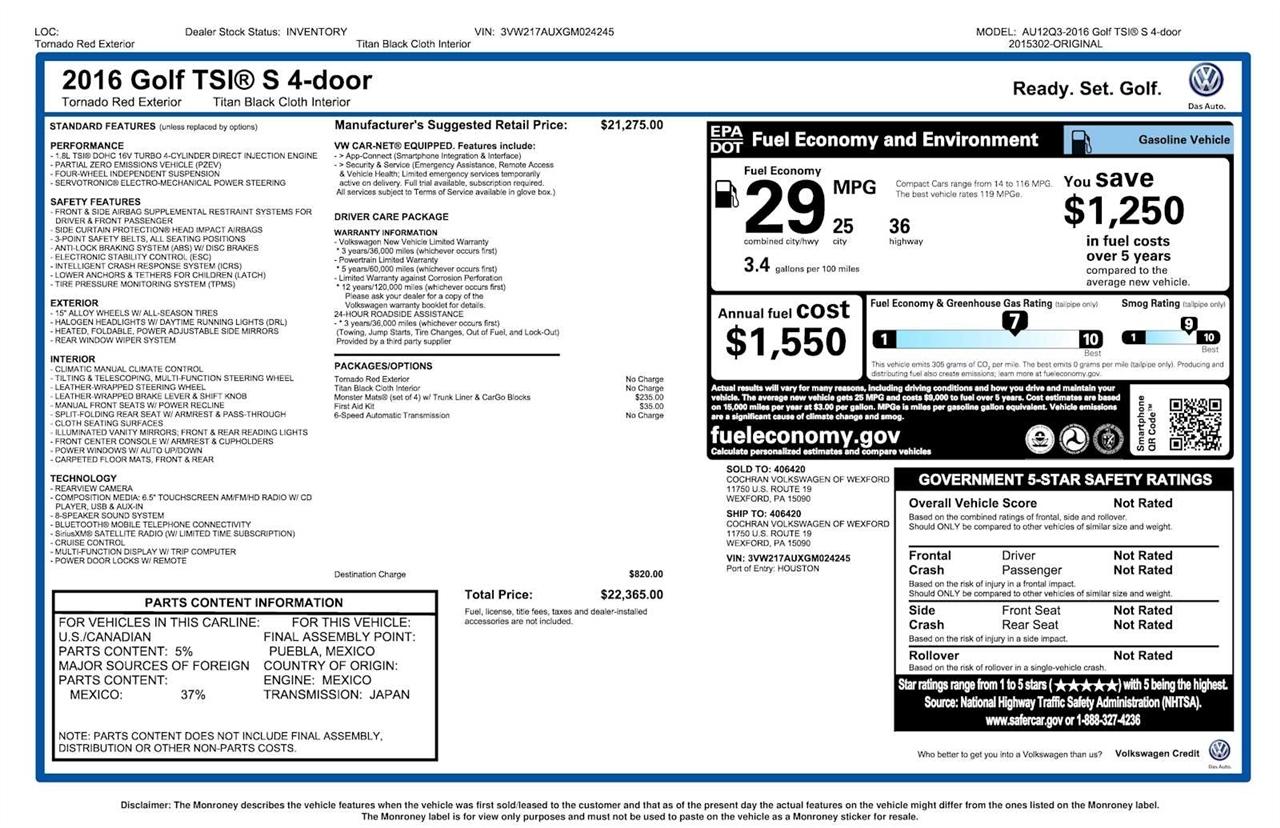 Volkswagen Golf TSI S 6A 2016