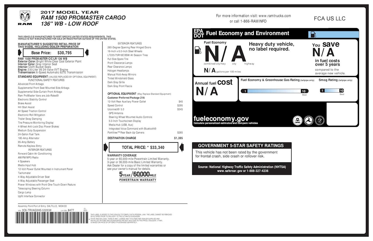 RAM Promaster 1500 Low Roof Tradesman 136-in. WB 2017