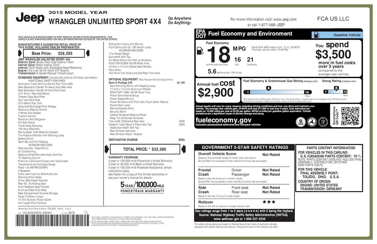 Jeep Wrangler Unlimited Sport 4WD 2015