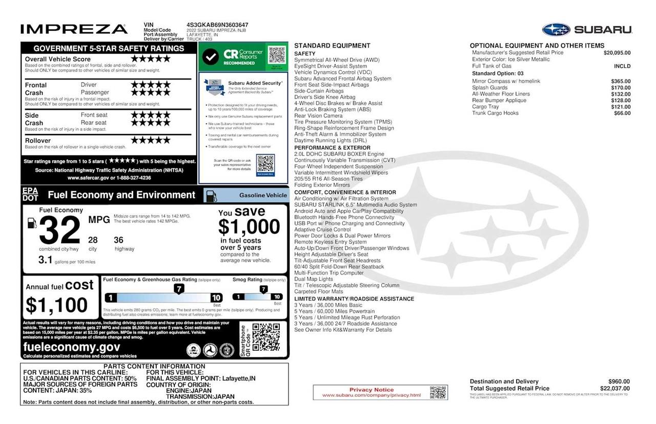 Subaru Impreza 2.0i 4-Door 2022