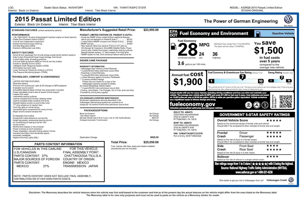 Volkswagen Passat 1.8T SE Auto 2015