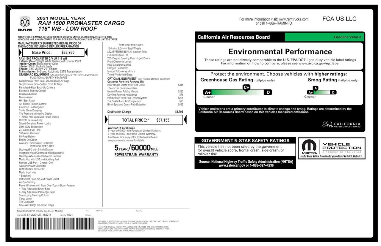 RAM Promaster 1500 Low Roof 118-in. WB 2021