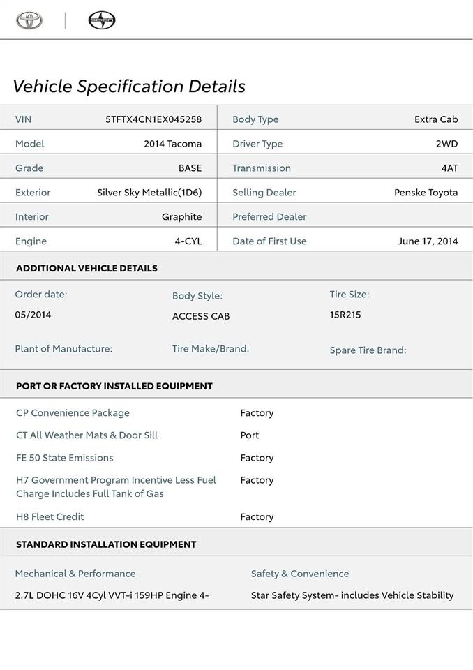 Toyota Tacoma Access Cab I4 4AT 2WD 2014