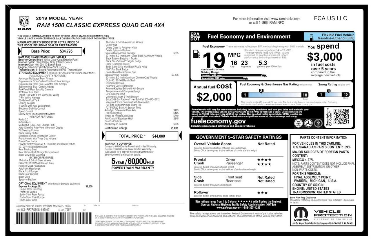 RAM 1500 Classic Express 4x4 Crew Cab 5'7" Box 2019