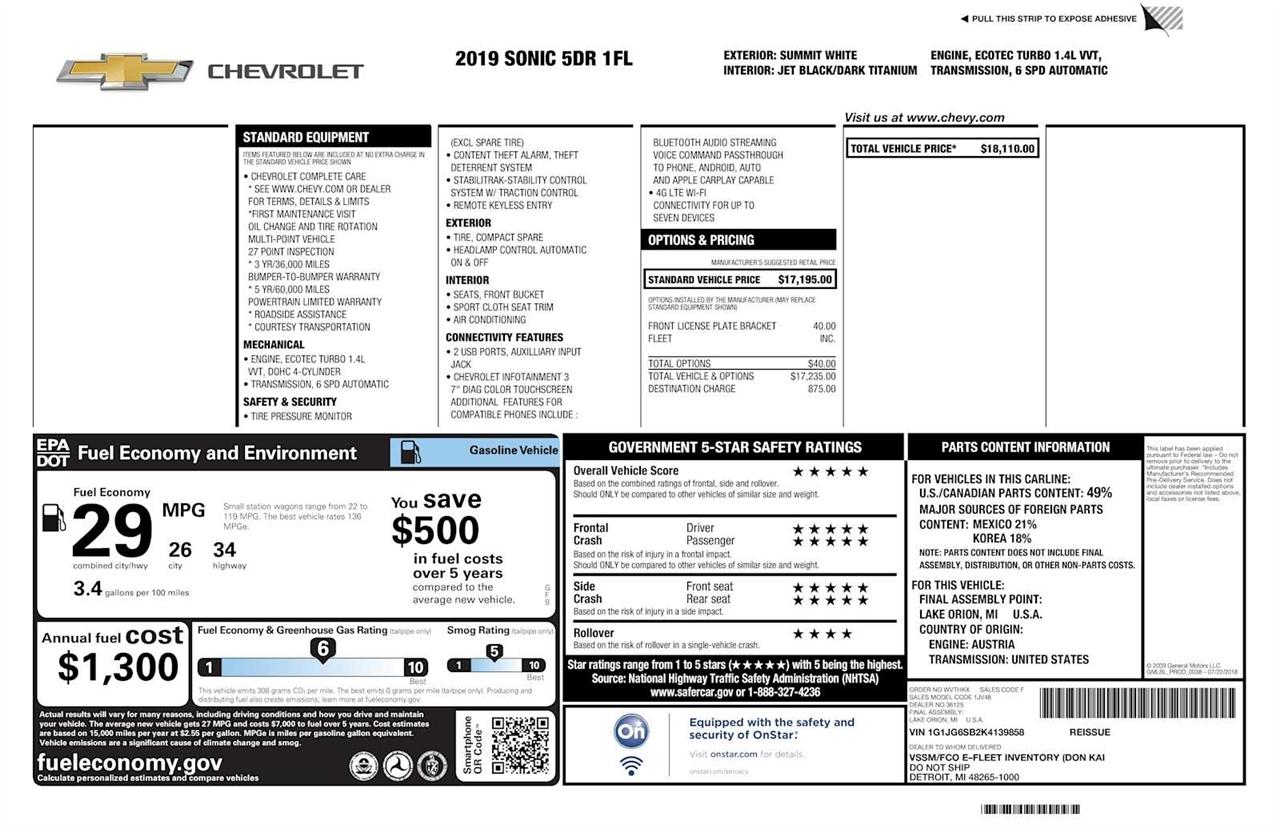 Chevrolet Sonic FL Auto Hatchback 2019