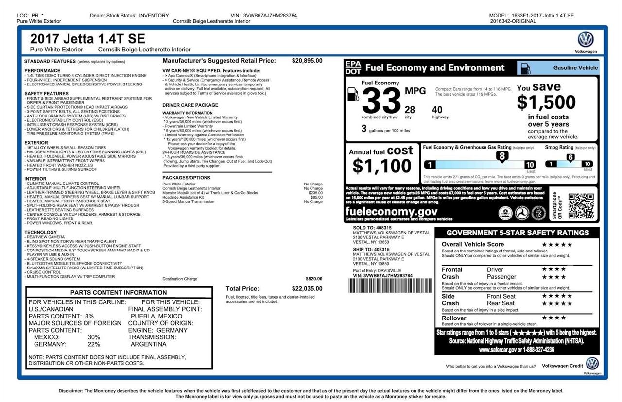 Volkswagen Jetta 1.4T SE 6A 2017