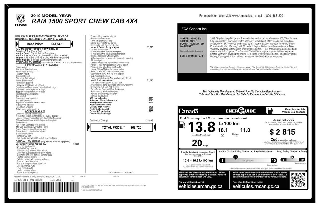 RAM 1500 Sport Crew Cab 4WD SWB 2019