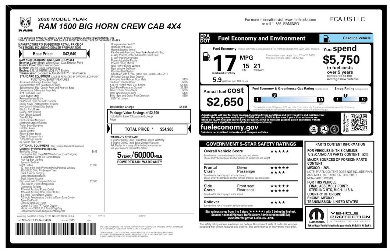 RAM 1500 Big Horn Crew Cab SWB 4WD 2020