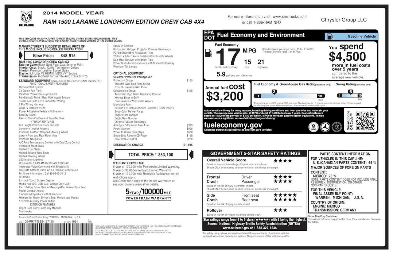 RAM 1500 Laramie Longhorn Edition Crew Cab SWB 4WD 2014