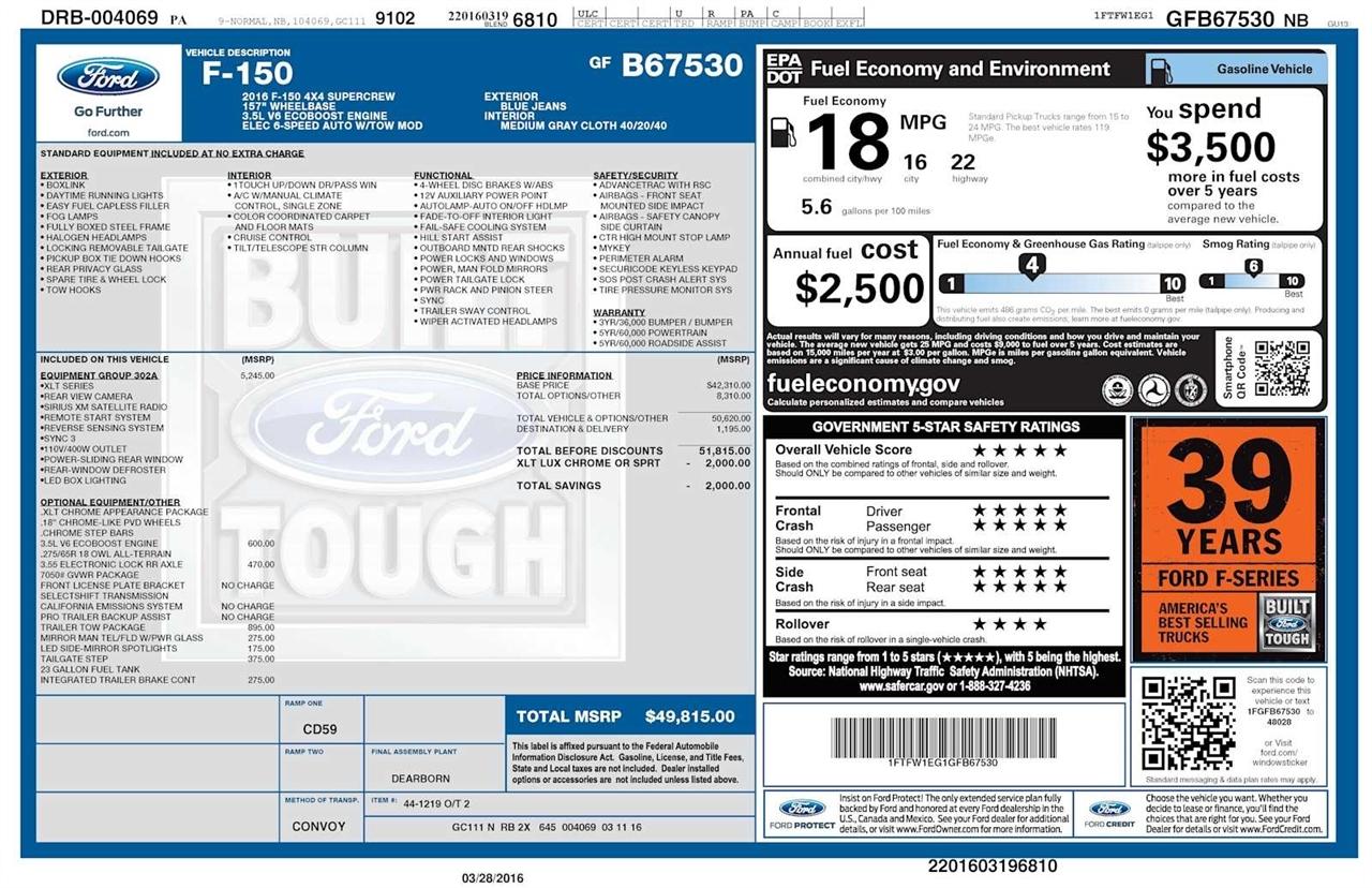Ford F-150 XLT SuperCrew 6.5-ft Box 4WD 2016