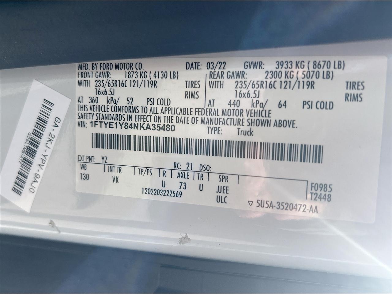 Ford Transit Cargo Van T-150 130" Low Rf 8670 GVWR RWD 2022