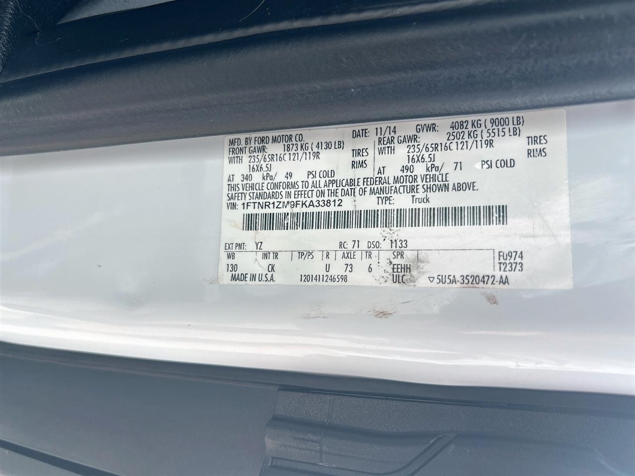 Ford Transit Cargo Van T-250 130" Low Rf 9000 GVWR Swing-Out RH Dr 2015
