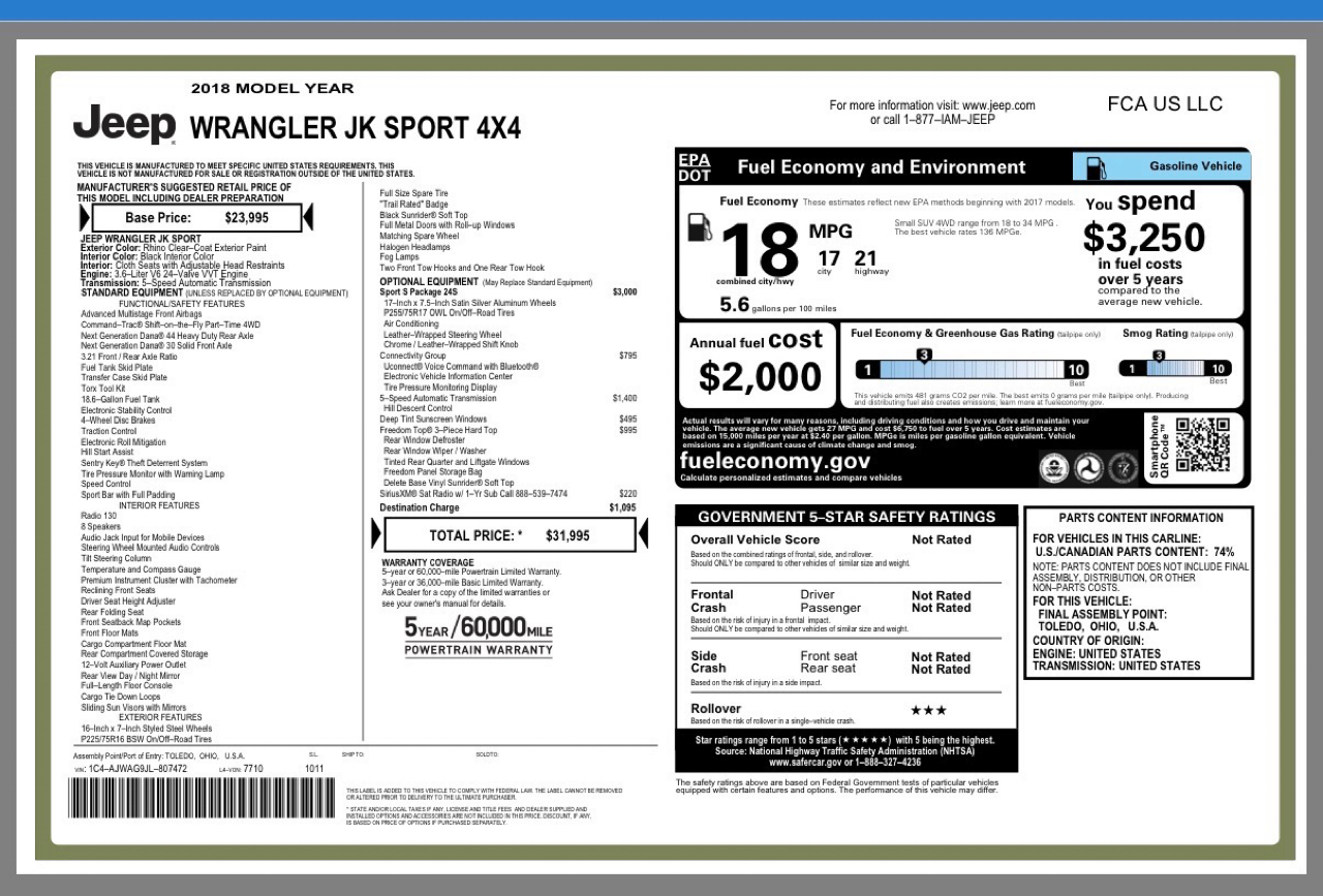Jeep Wrangler JK Sport 4WD 2018