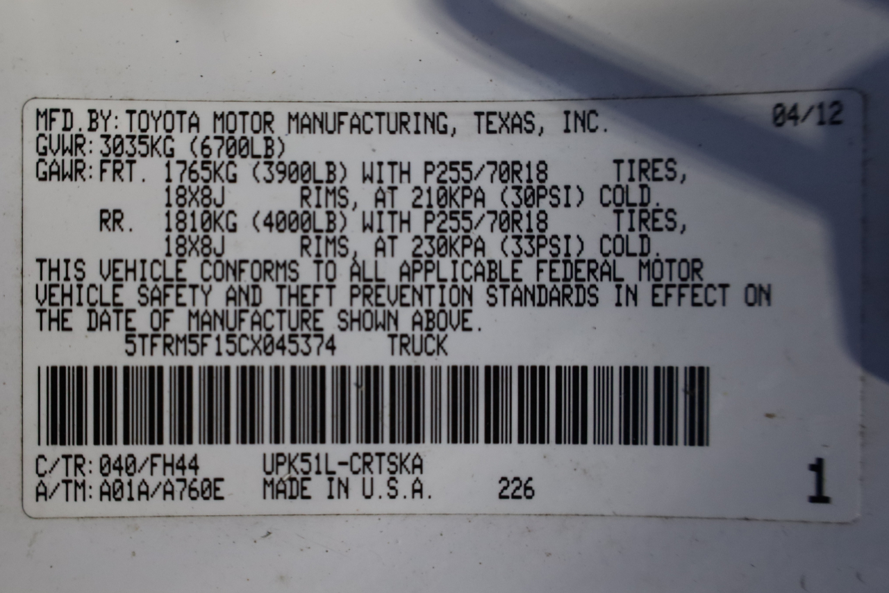 Toyota Tundra 2WD Truck Double Cab 4.6L V8 6-Spd AT (Natl) 2012