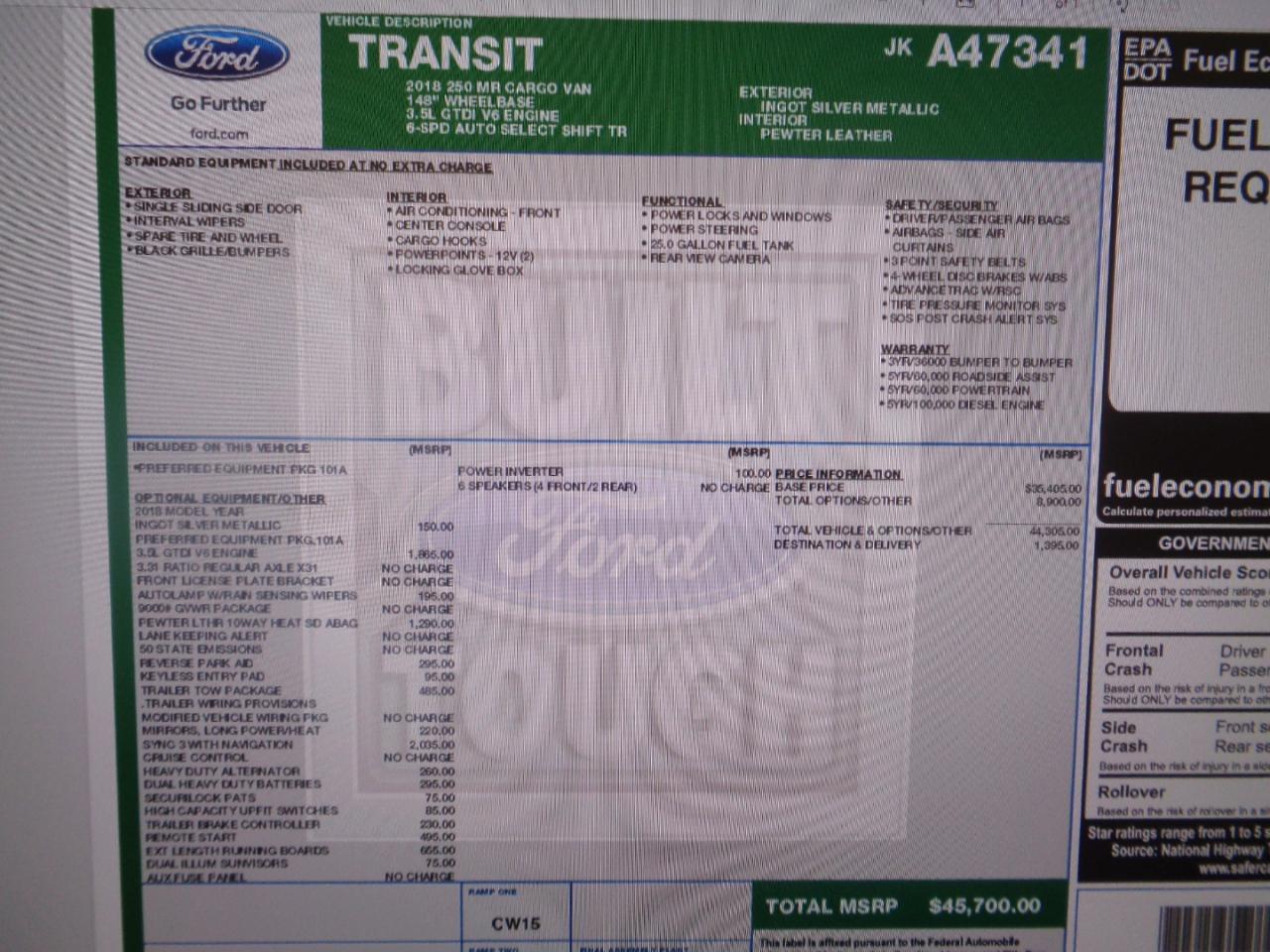 Ford Transit Van T-250 148" Med Rf 9000 GVWR Sliding RH Dr 2018