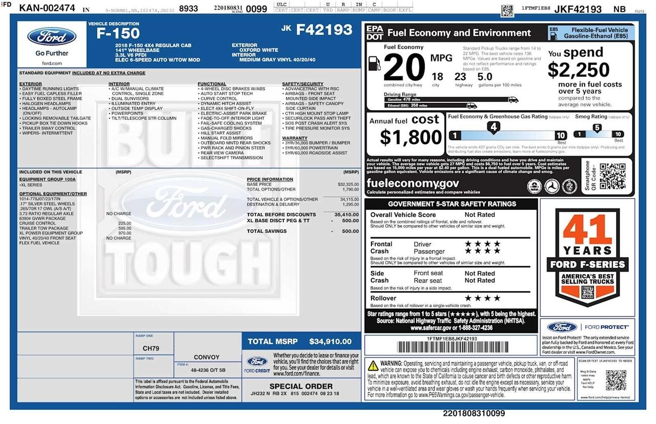 Ford F-150 XL 4WD Reg Cab 6.5' Box 2018