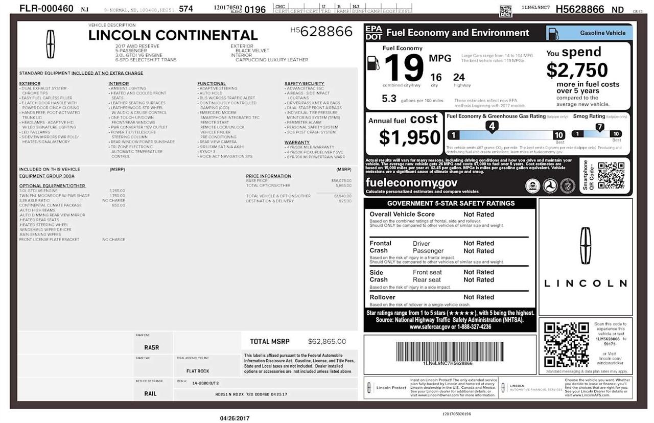 Lincoln Continental Reserve AWD 2017