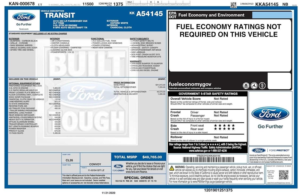 Ford Transit Passenger Wagon T-350 148" Low Roof XLT Sliding RH Dr 2019