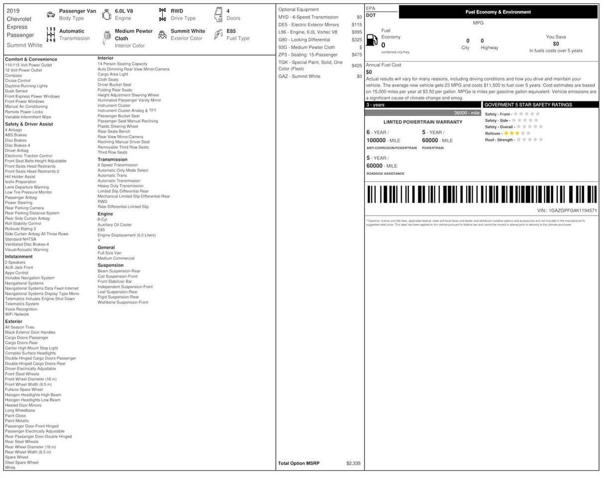 Chevrolet Express Passenger RWD 3500 155" LT 2019