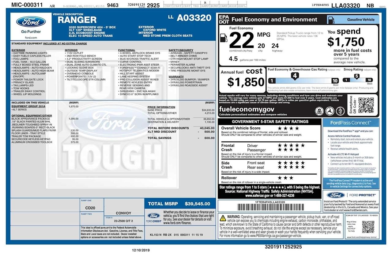 Ford Ranger LARIAT 4WD SuperCrew 5' Box 2020