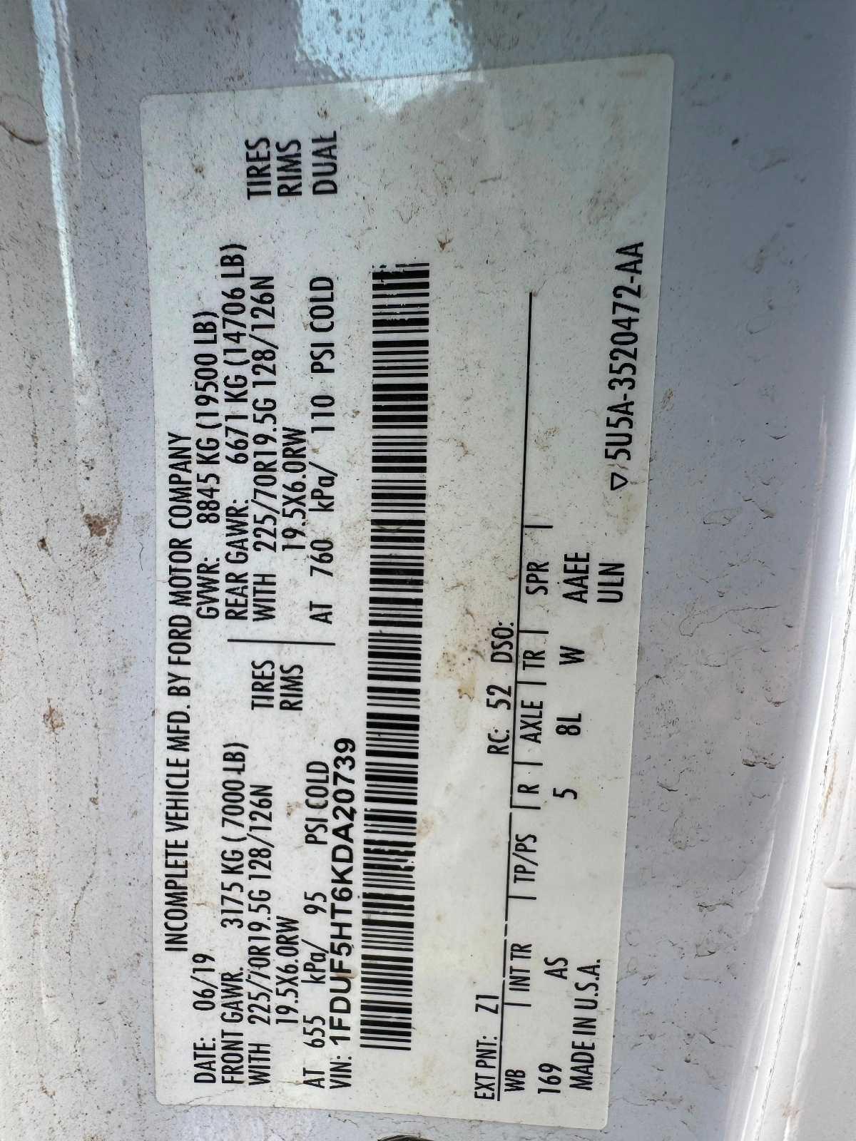 Ford Super Duty F-550 DRW XL 4WD Reg Cab 145" WB 60" CA 2019