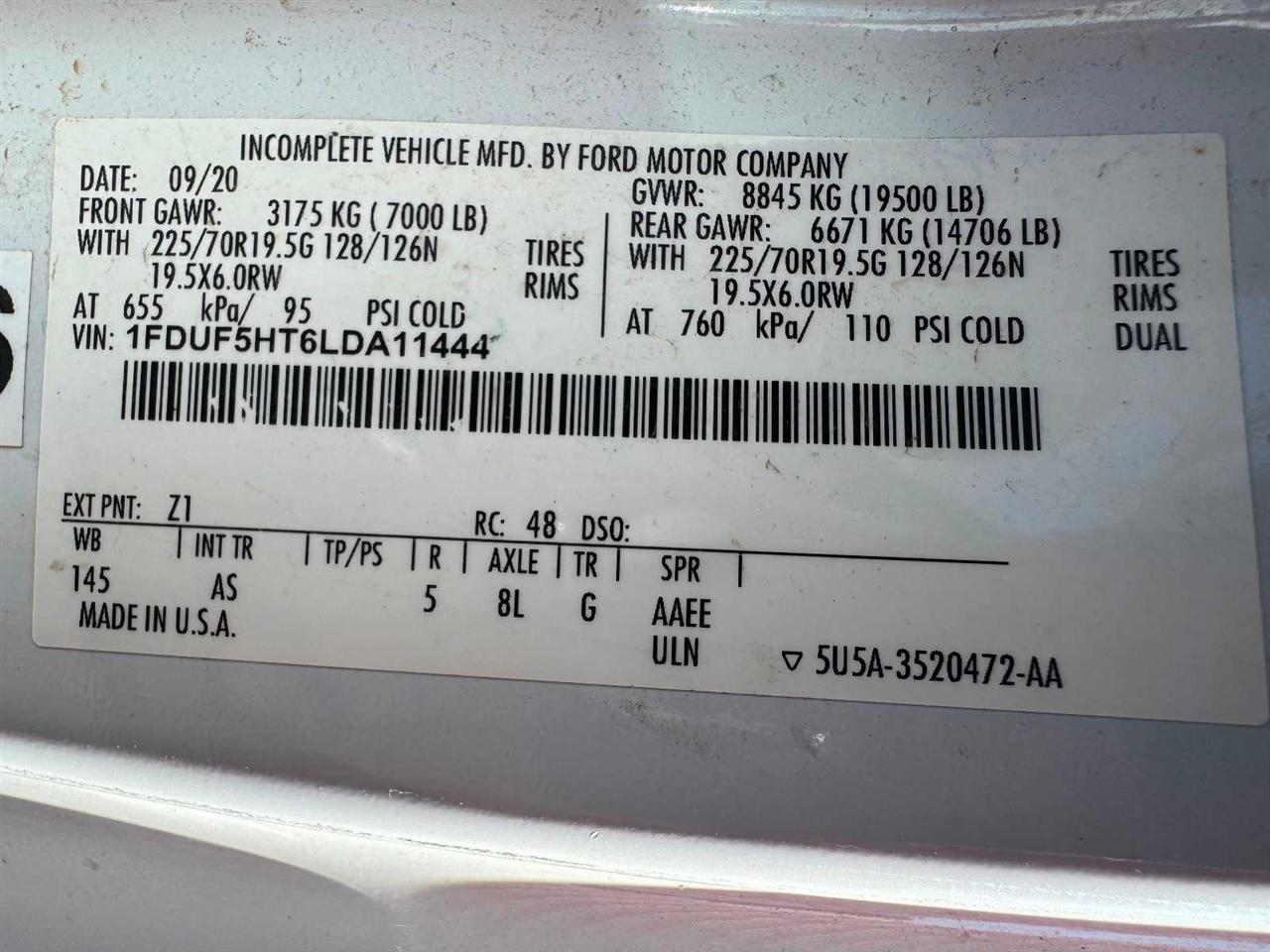 Ford Super Duty F-550 DRW XL 4WD Reg Cab 145" WB 60" CA 2020