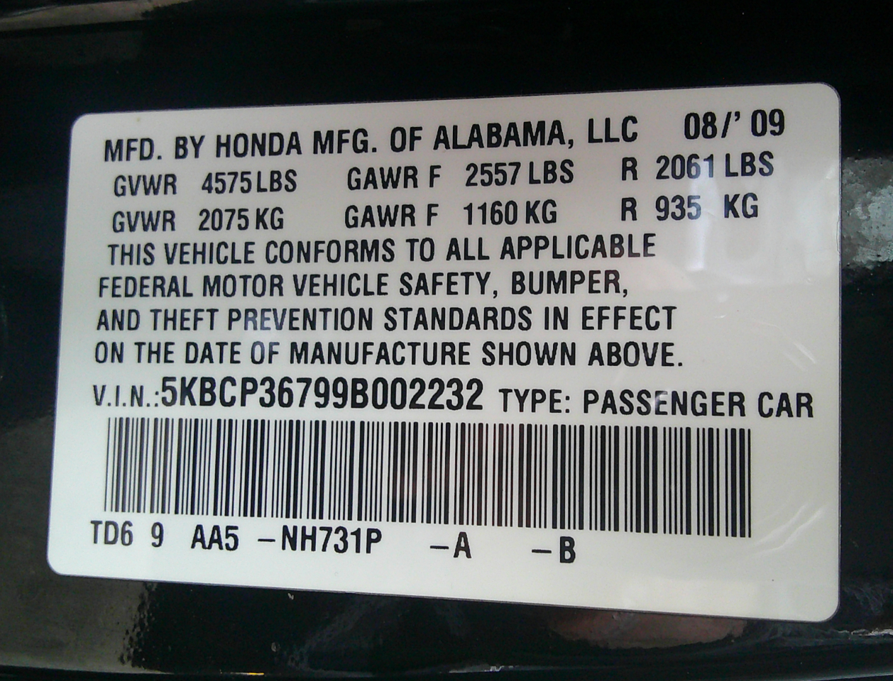 Honda Accord Sdn 4dr V6 Auto EX 2009