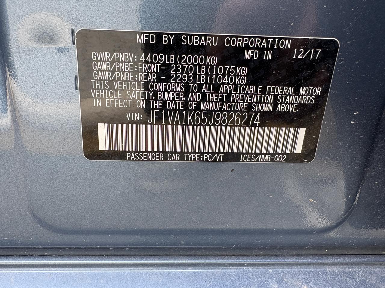 Subaru WRX Limited 6M 2018