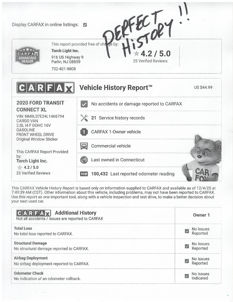 Ford Transit Connect XL LWB w/Rear Symmetrical Doors 2020