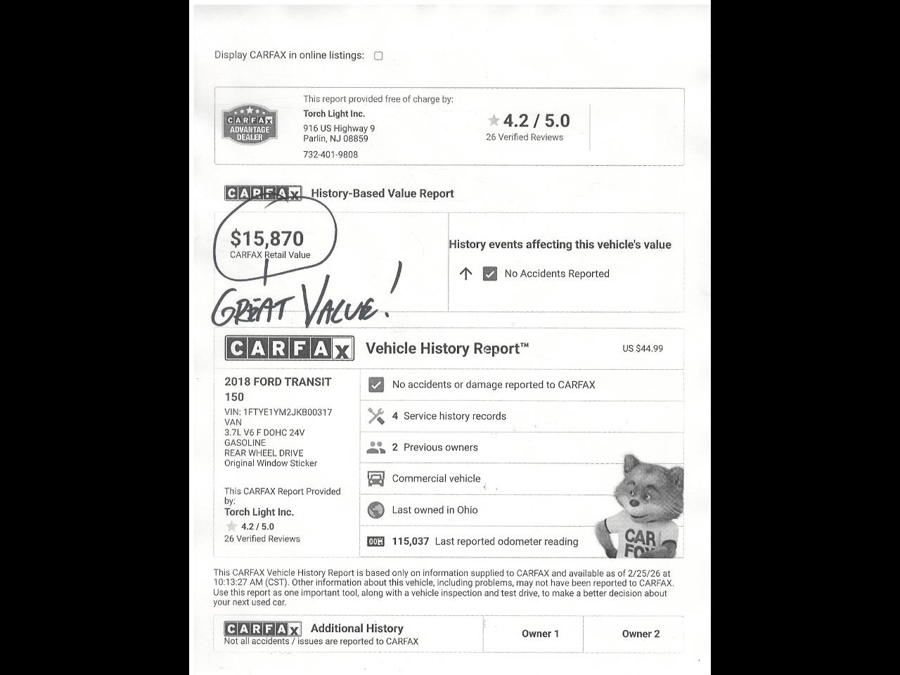 Ford Transit Van T-150 130" Low Rf 8600 GVWR Sliding RH Dr 2018