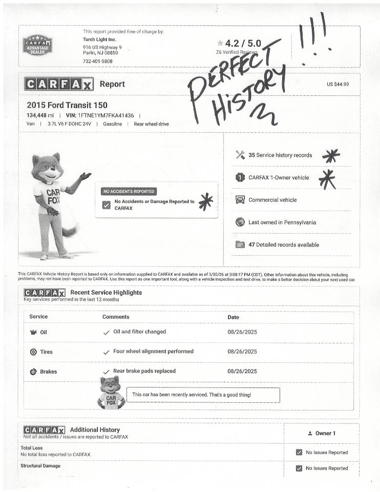 Ford Transit Cargo Van T-150 130" Low Rf 8600 GVWR Sliding RH Dr 2015