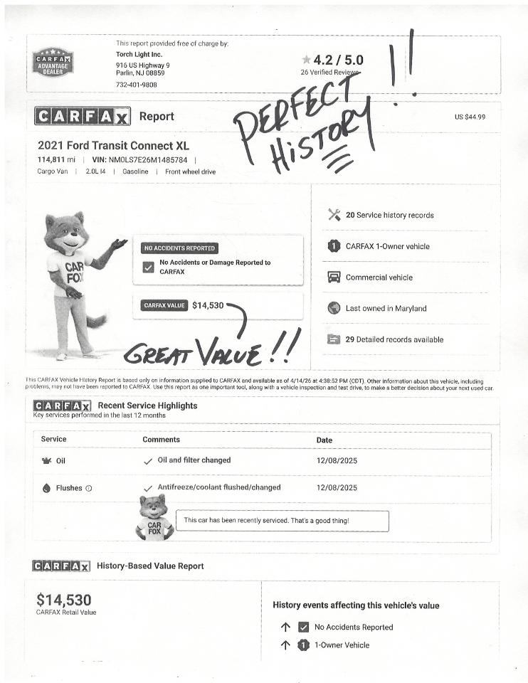 Ford Transit Connect Van XL LWB w/Rear Symmetrical Doors 2021