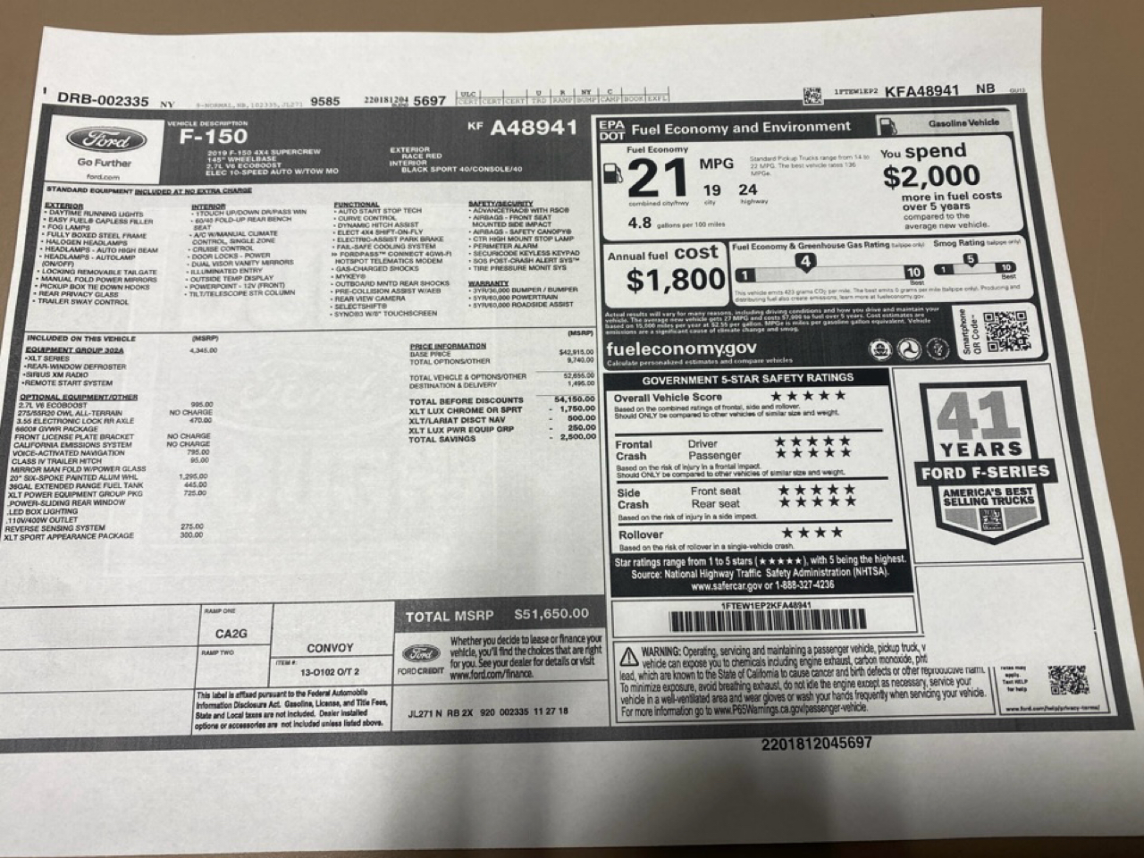 Ford F-150 4WD SuperCrew 145" XLT 2019