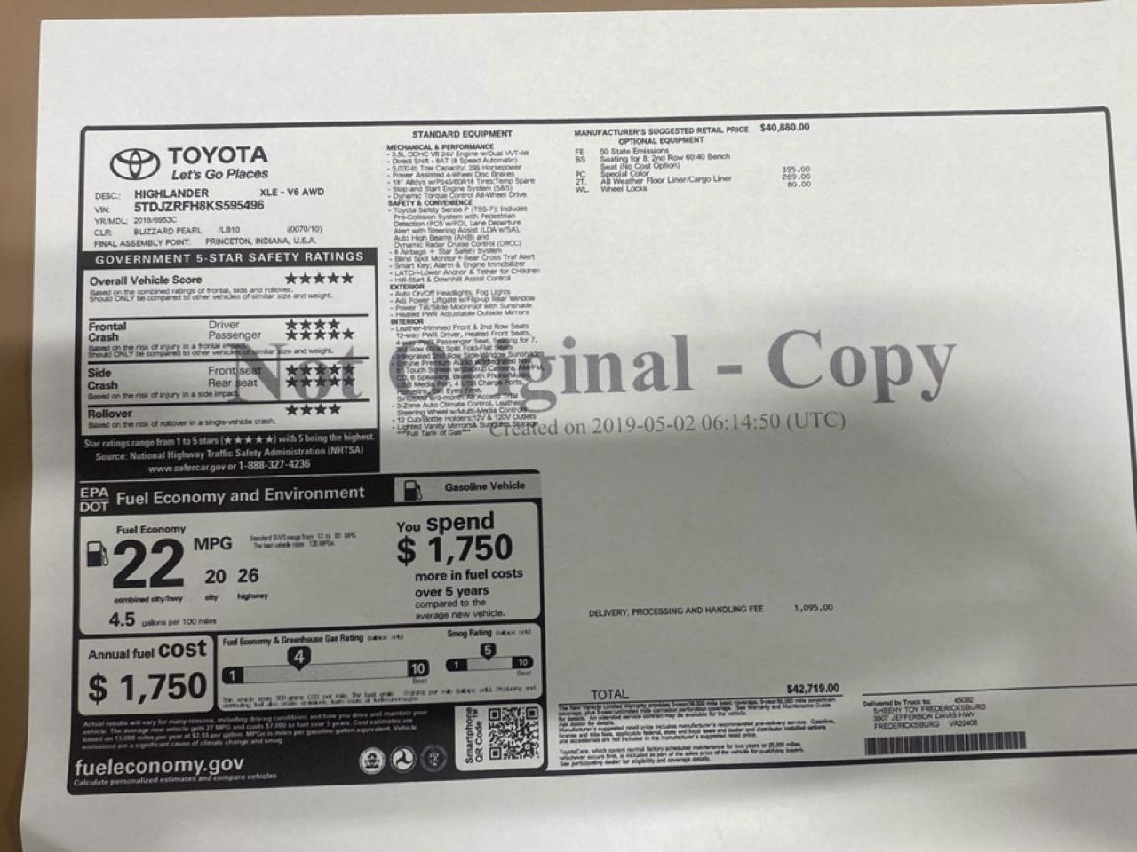 Toyota Highlander XLE AWD V6 2019