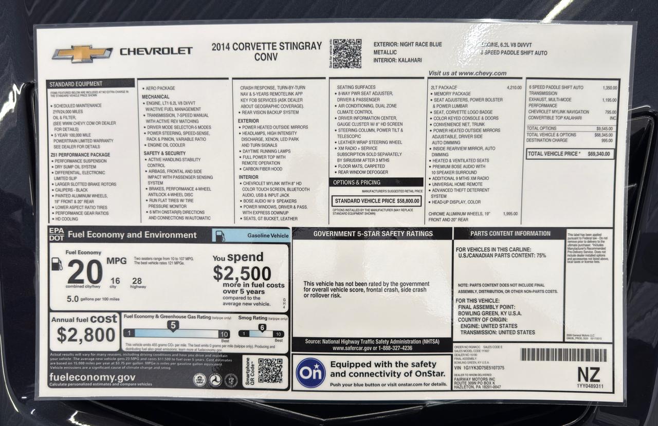 Chevrolet Corvette Stingray 2dr Z51 Conv w/2LT 2014