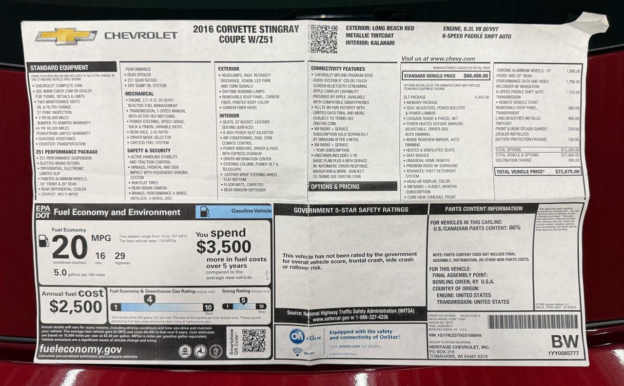 Chevrolet Corvette 2dr Stingray Z51 Cpe w/2LT 2016