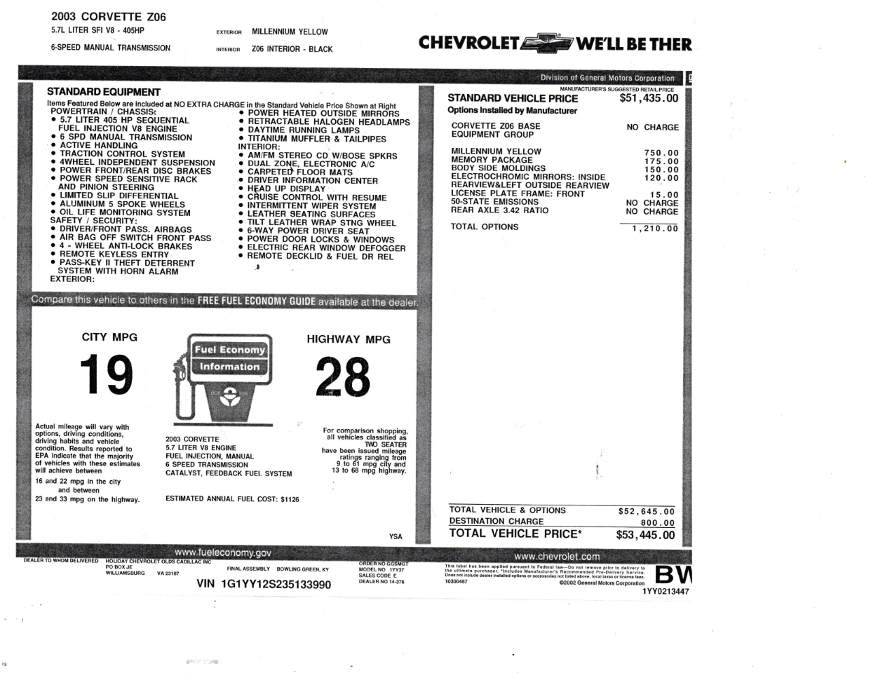 Chevrolet Corvette 2dr Z06 Hardtop 2003