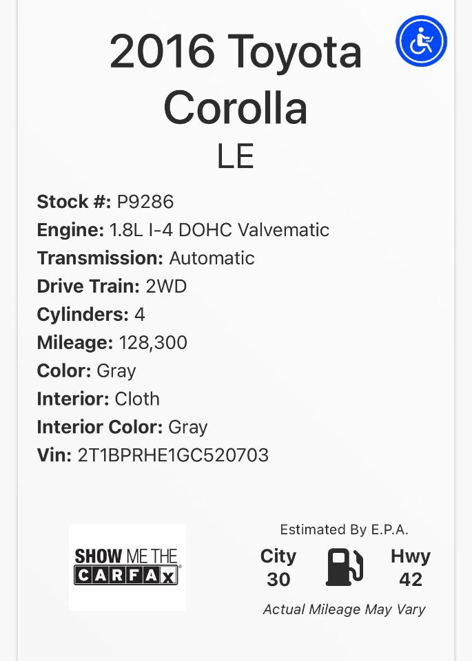 Toyota Corolla LE 2016
