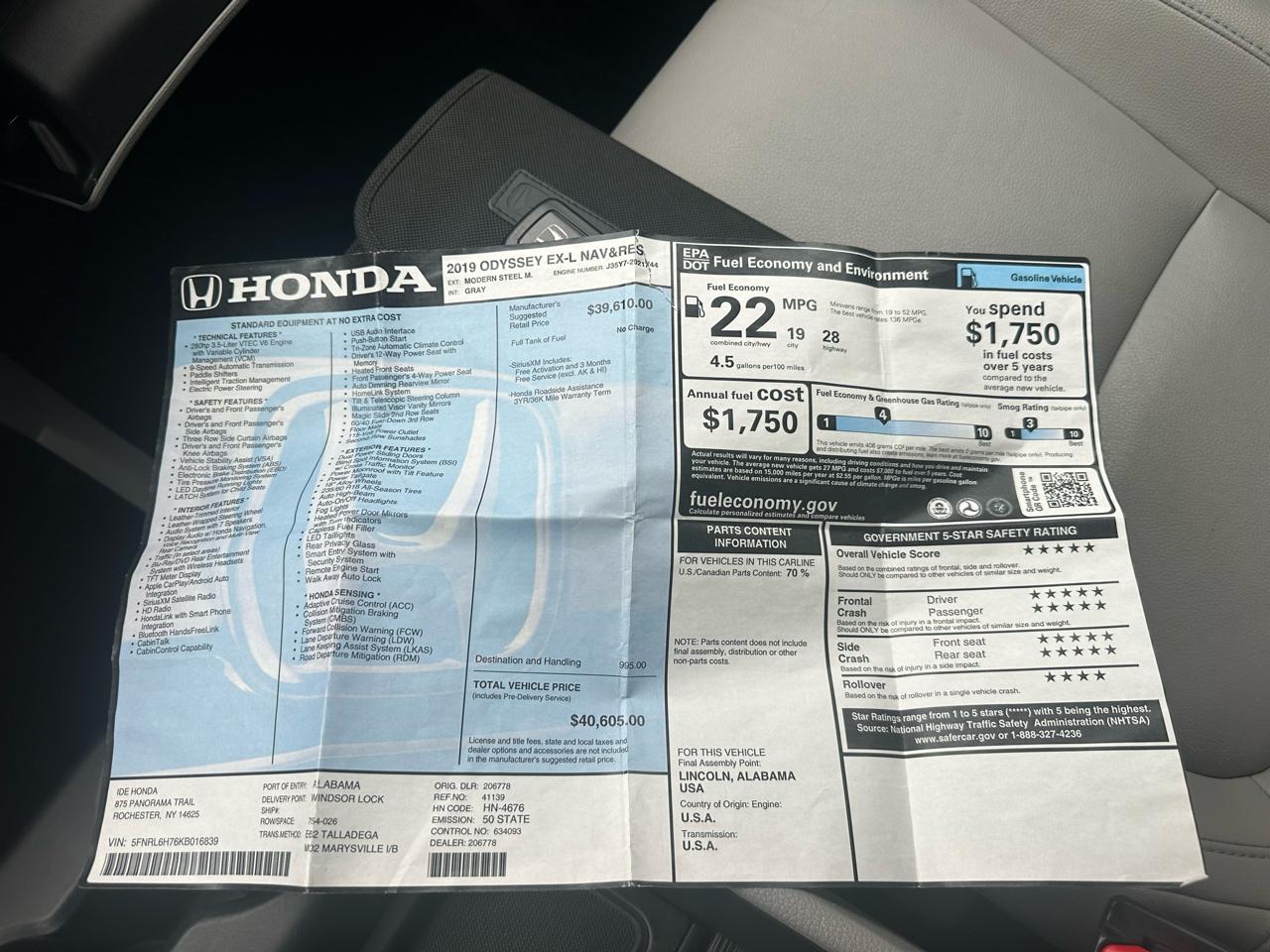 Honda Odyssey EX w/ Leather DVD and Navigation 2019