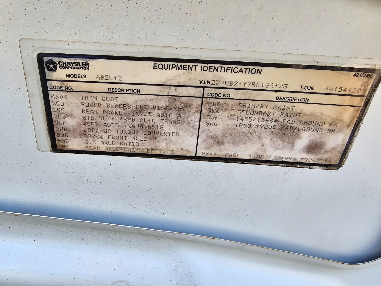 Dodge Ram Van B250 109" WB 1994