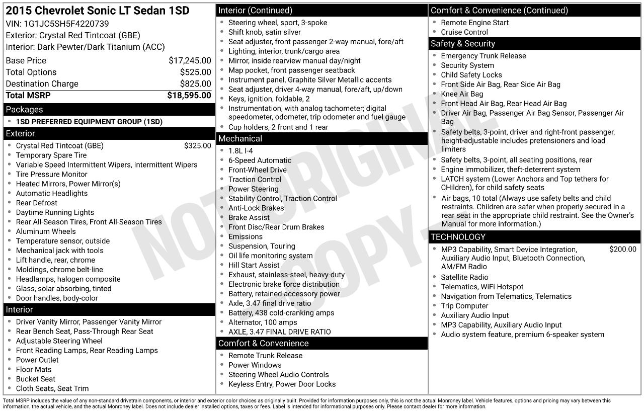 Chevrolet Sonic LT Auto Sedan 2015