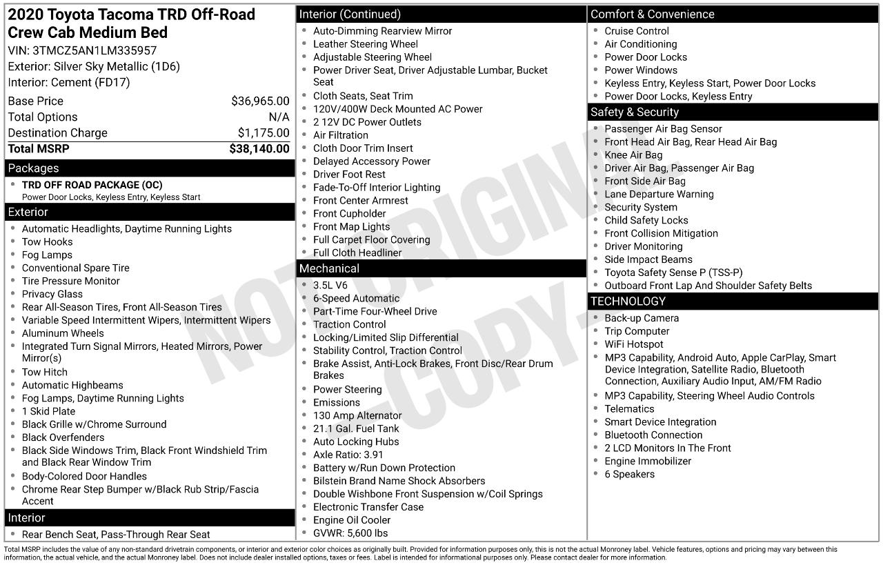 Toyota Tacoma TRD Off Road Double Cab 5' Bed V6 4x4 AT (Natl) 2020