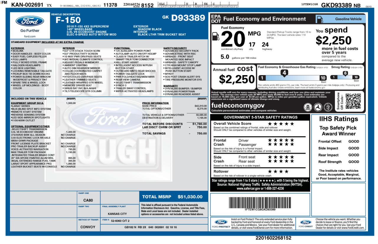 Ford F-150 Lariat SuperCrew 5.5-ft. Bed 2WD 2016