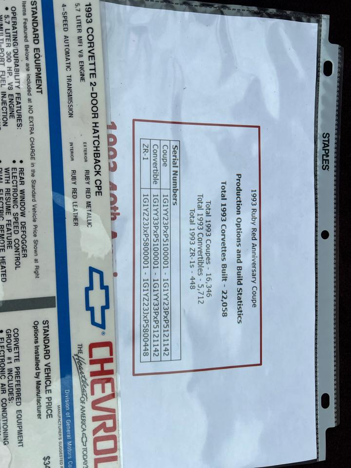 Chevrolet Corvette 2dr Coupe Hatchback 1993