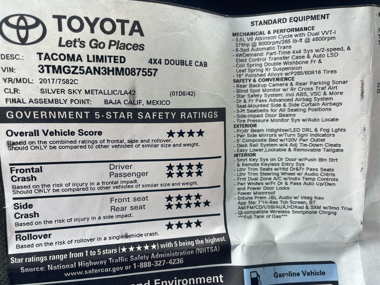 Toyota Tacoma Limited Double Cab 5' Bed V6 4x4 AT (Natl) 2017
