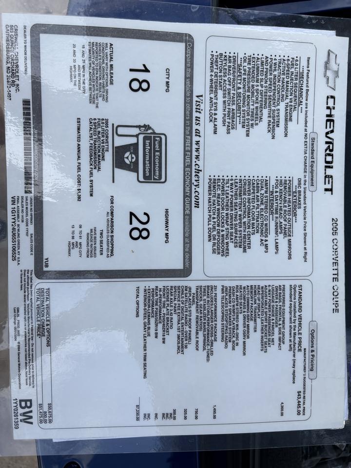 Chevrolet Corvette 2dr Cpe 2005