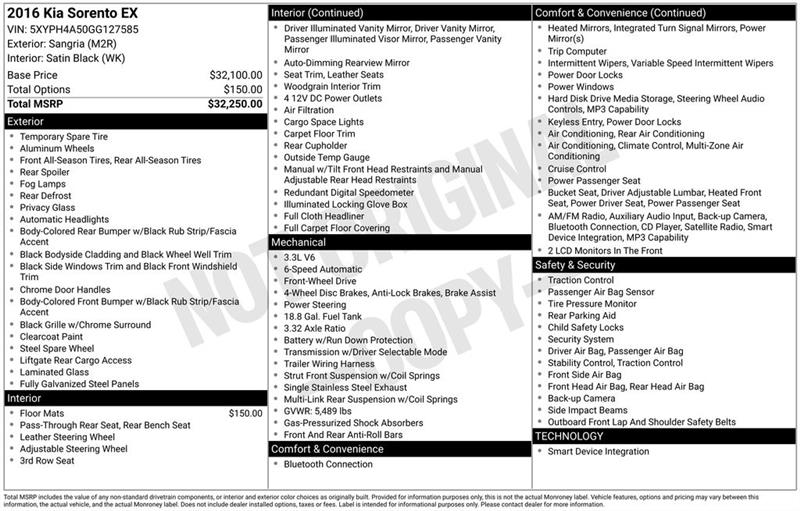 Kia Sorento EX V6 2WD 2016 Kia Sorento EX V6 2WD 2016